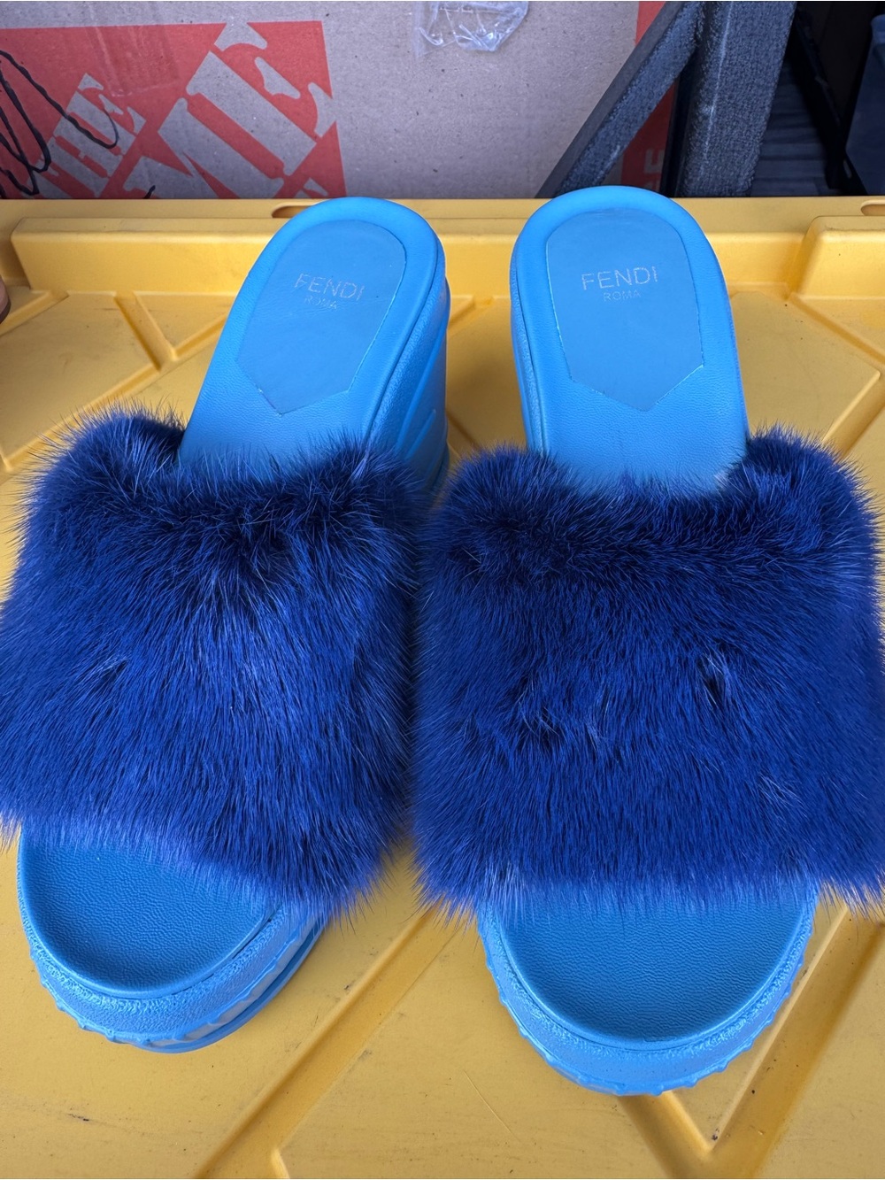 Fendi Blue Fur Slide Heels